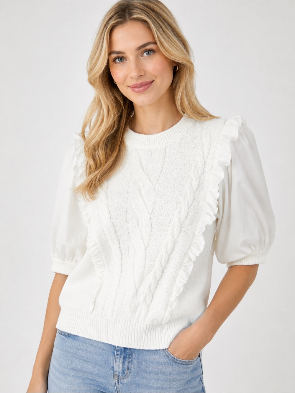 INC International Concepts White Ruffle Cable Knit Puff Sleeve Sweater